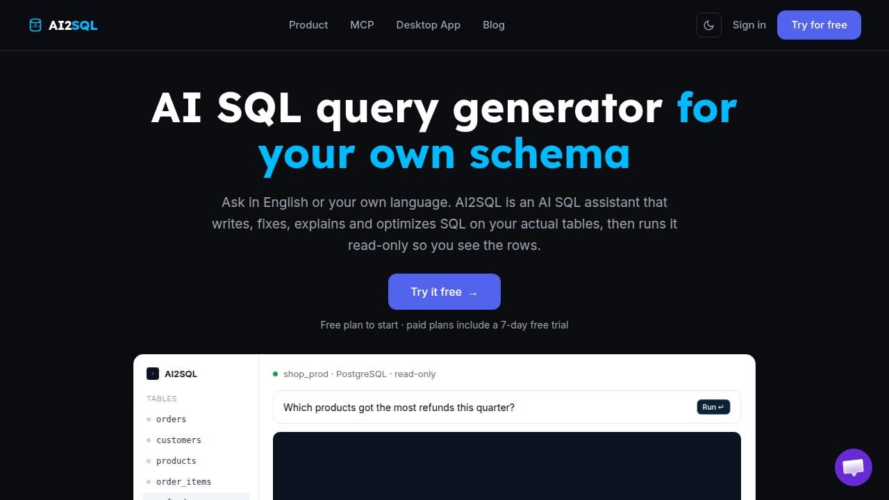 AI2SQL - Product screenshot